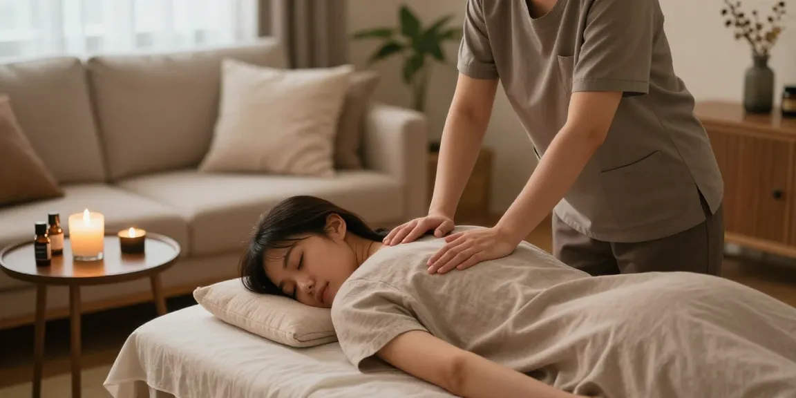 Relaxing scene of 경기출장안마 therapy at home with a professional therapist in a cozy setting.