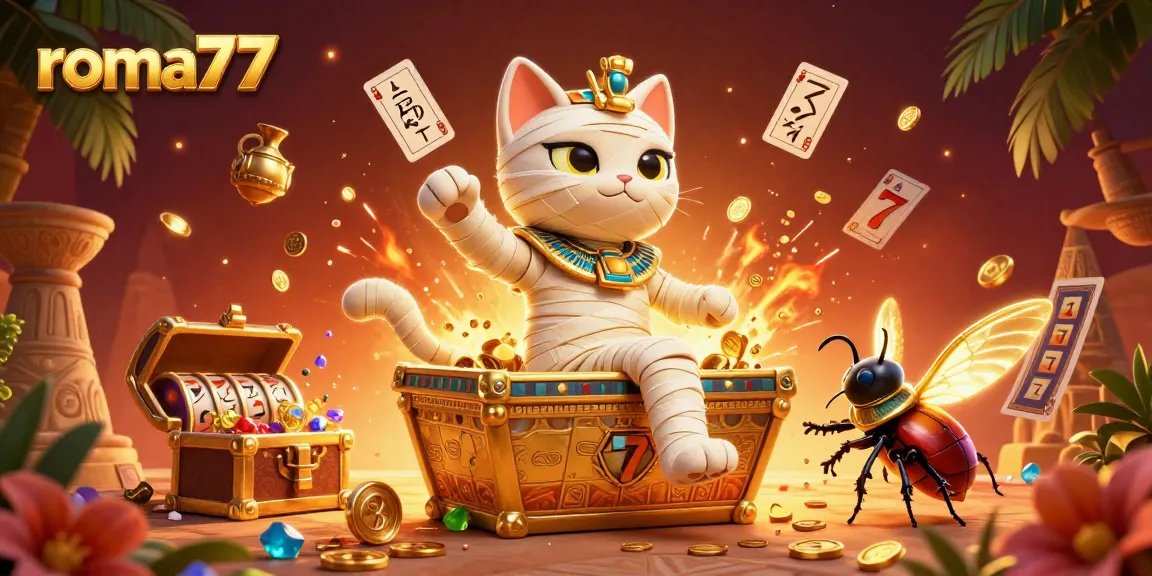 Melihat karakter kucing mummy romawi keluar dari sarkofagus di kasino video roma77 dengan slot dan jackpot yang mengelilinginya.