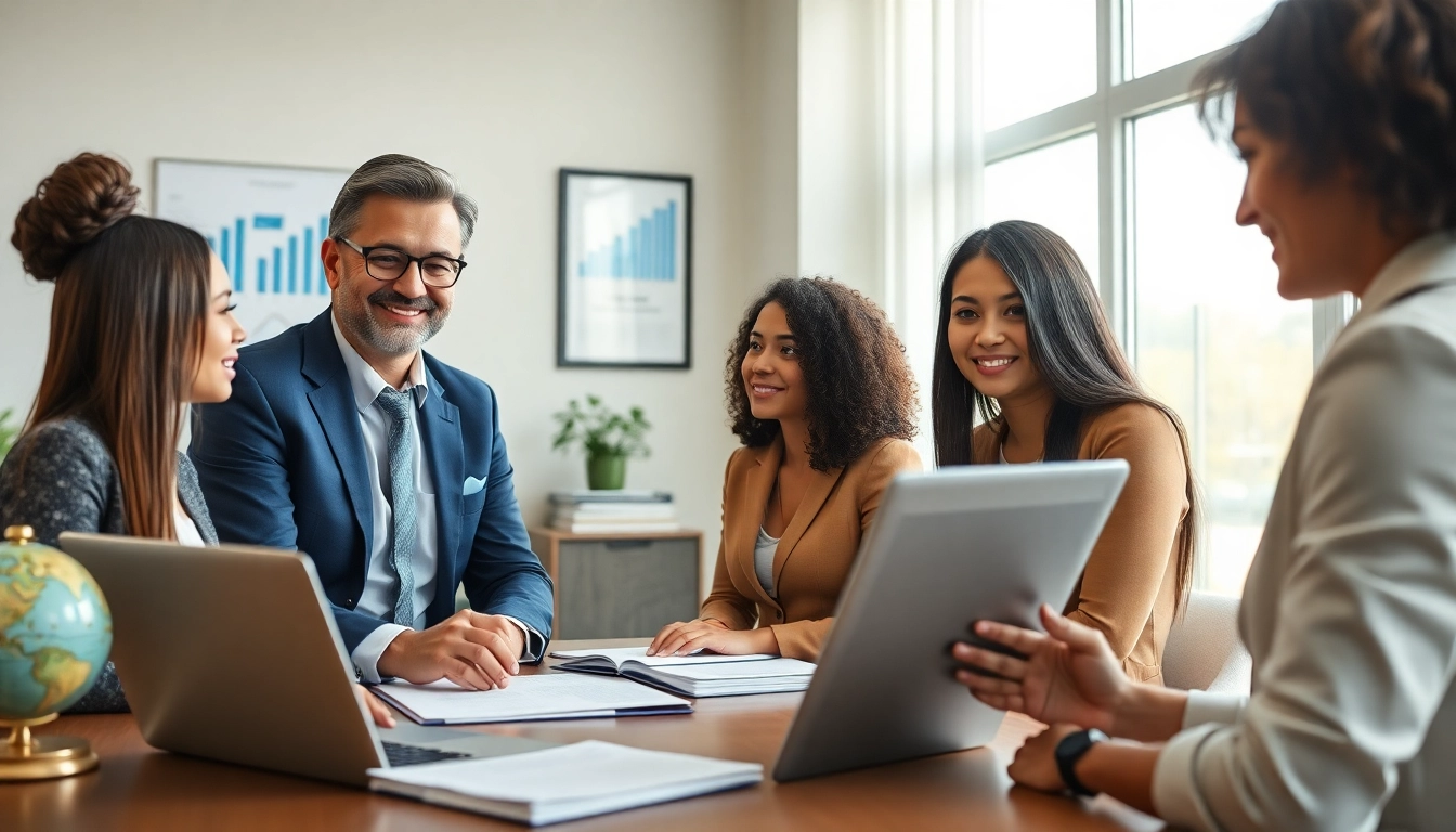 An immigration lawyer in the US consulting diverse clients about investor visa options in a modern office.