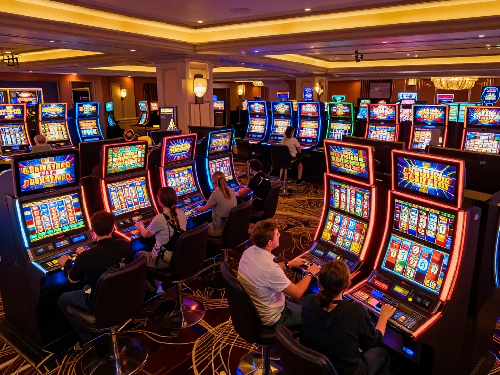 Engaging scene at SLOT GACOR 777 showcasing players celebrating a win on colorful slot machines.