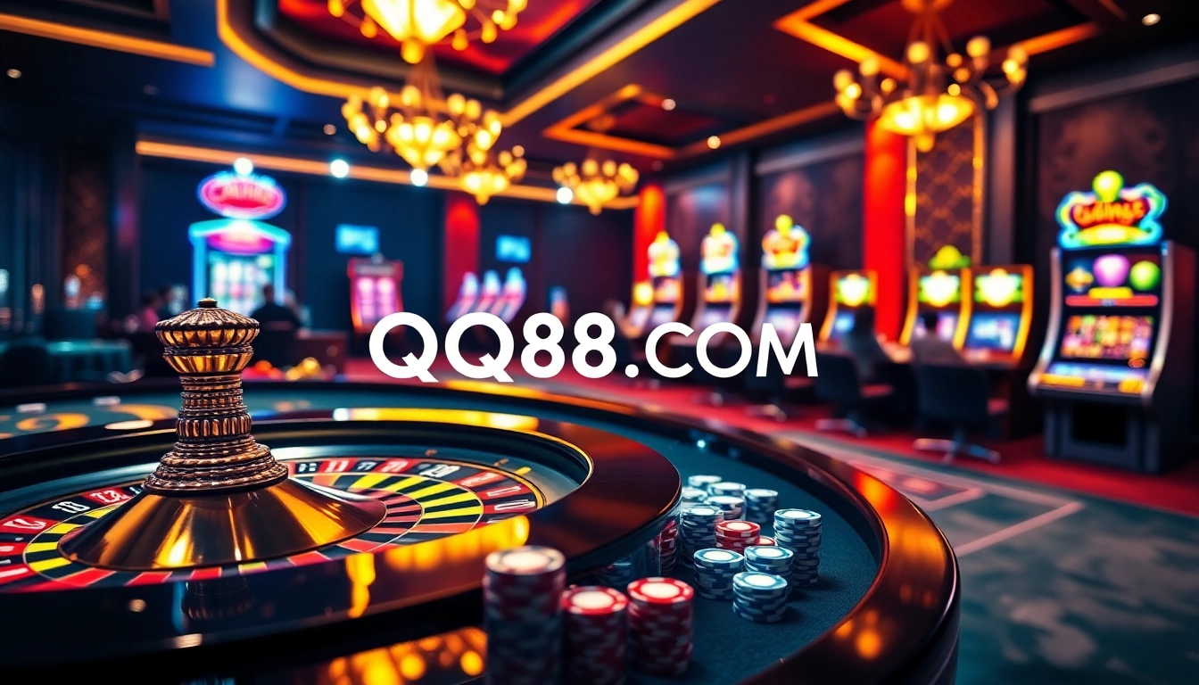 A thrilling online casino experience at QQ88 COM with poker chips and slot machines.