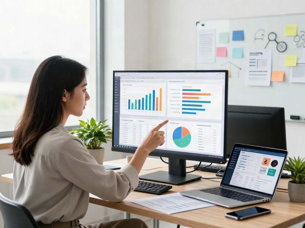 Marketer analyzing data trends and strategies for ai slut in a vibrant office.