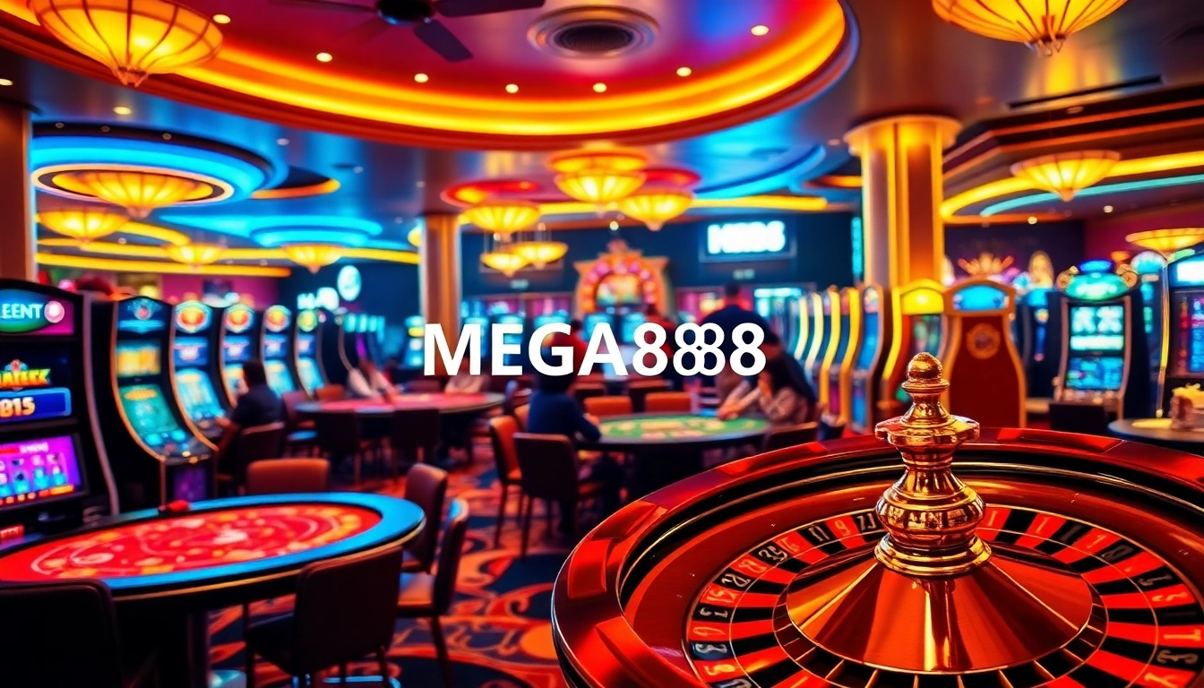 Exciting gaming scene featuring MEGA888 slot machines and casino tables with players.