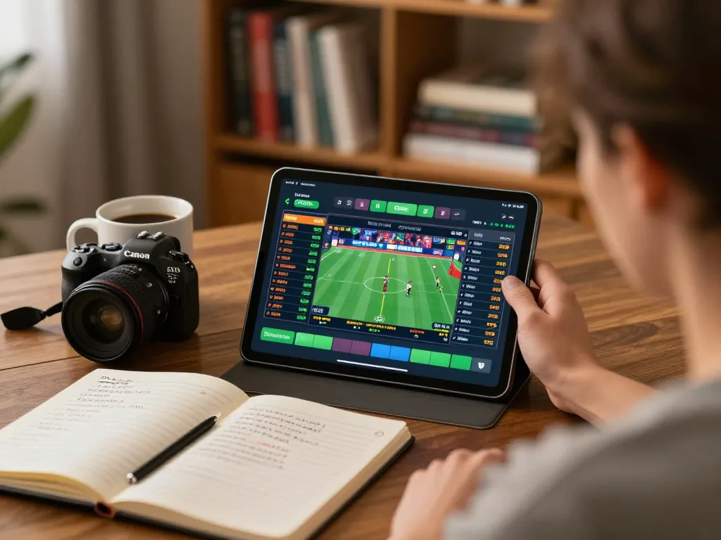 Engaging online sports betting experience with tablet showing de bet odds in a cozy home setup