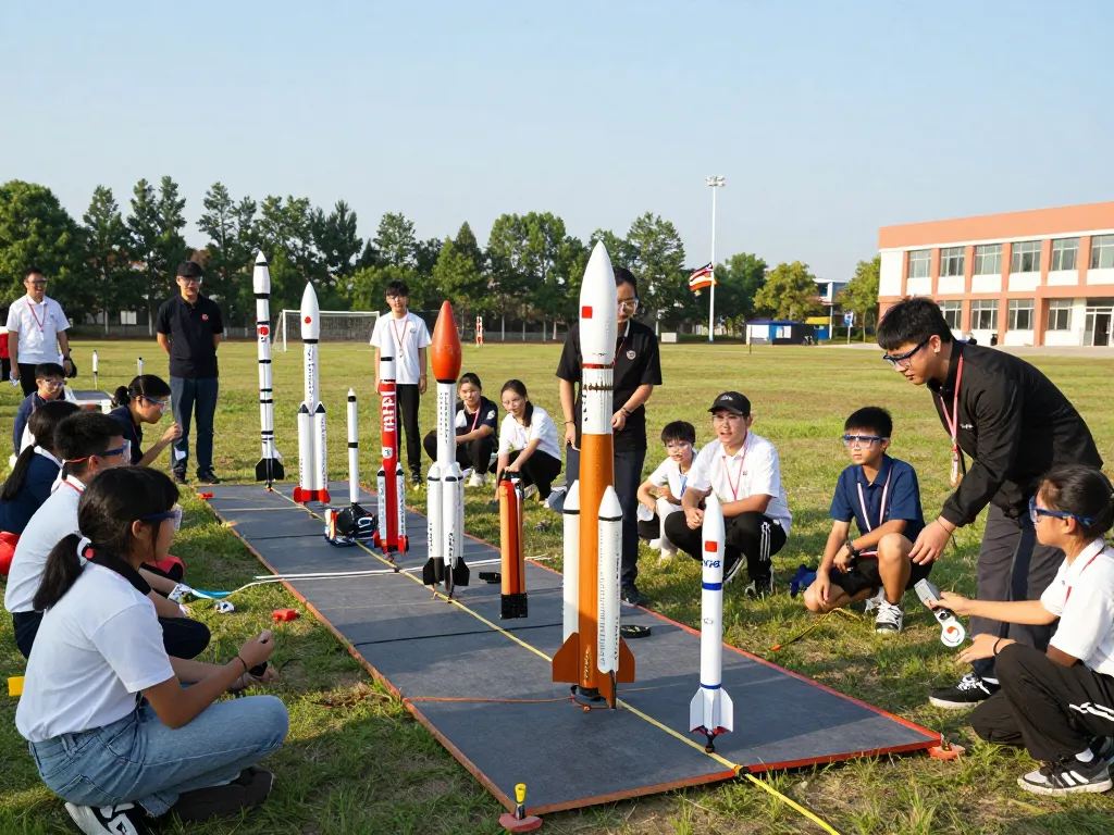 Students preparing model rocket engines for exciting school launches in an outdoor field.