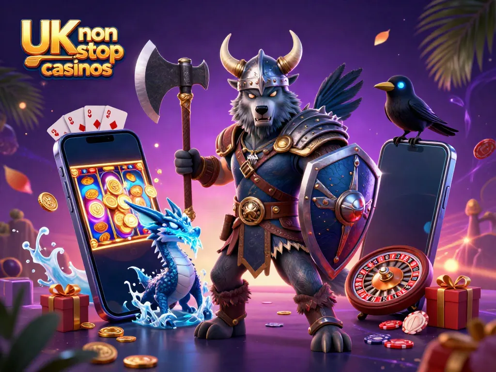 Engaging scene showcasing UK non gamstop casinos with Viking wolf warrior, dragon, and vibrant gaming elements.