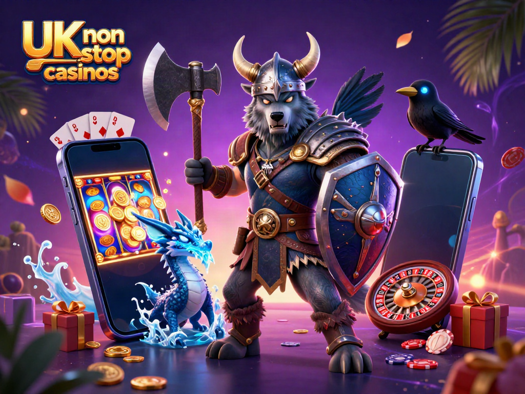 Engaging scene showcasing UK non gamstop casinos with Viking wolf warrior, dragon, and vibrant gaming elements.