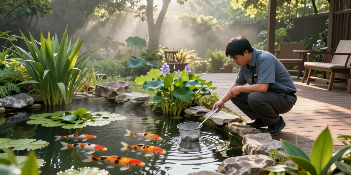 Pond expert near me inspecting water quality of a serene koi pond with aquatic plants, showcasing pond maintenance expertise.