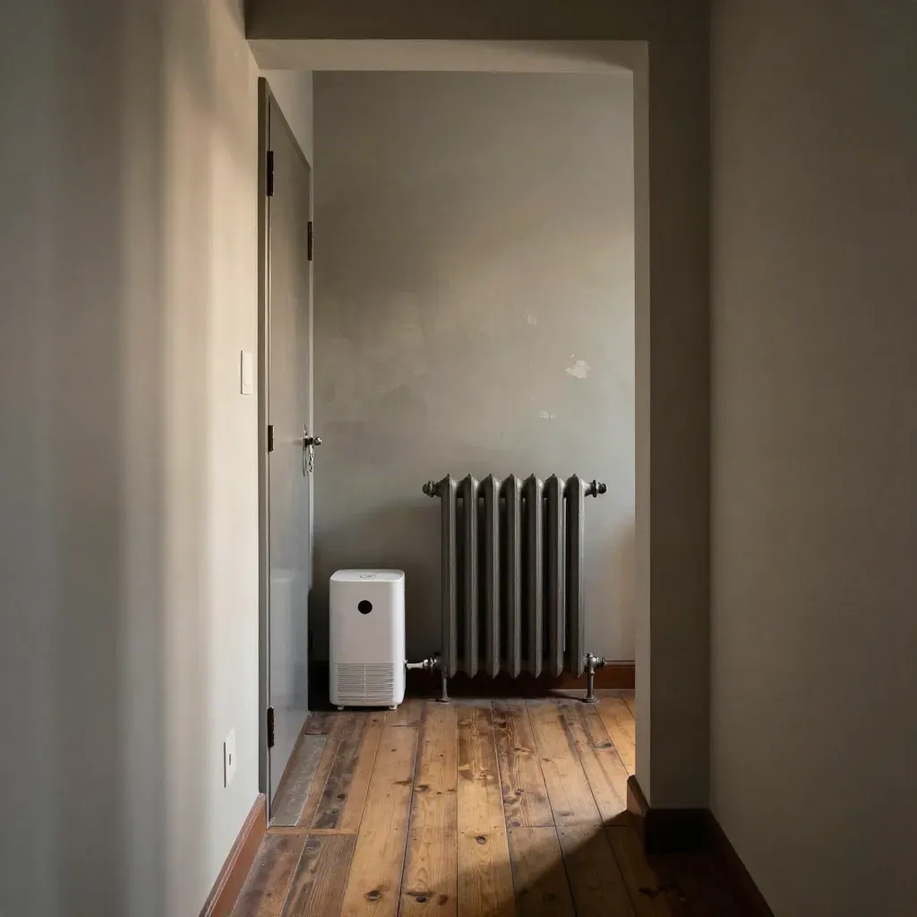Top-floor rental landing with dehumidifier, radiator and half-latched door in warm evening light.