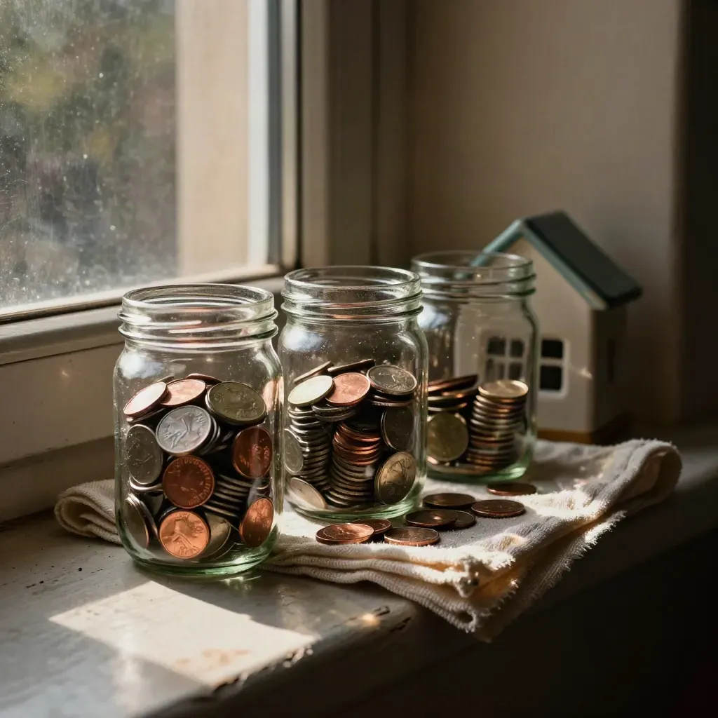Three coin jars and a ceramic house on a sunny windowsill, saving toward a deposit.