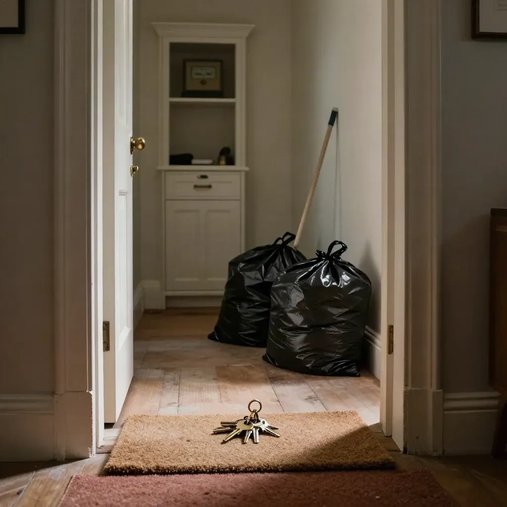 New flat entrance with keys on a coir mat, bin bags, a broom, and an open meter cupboard.