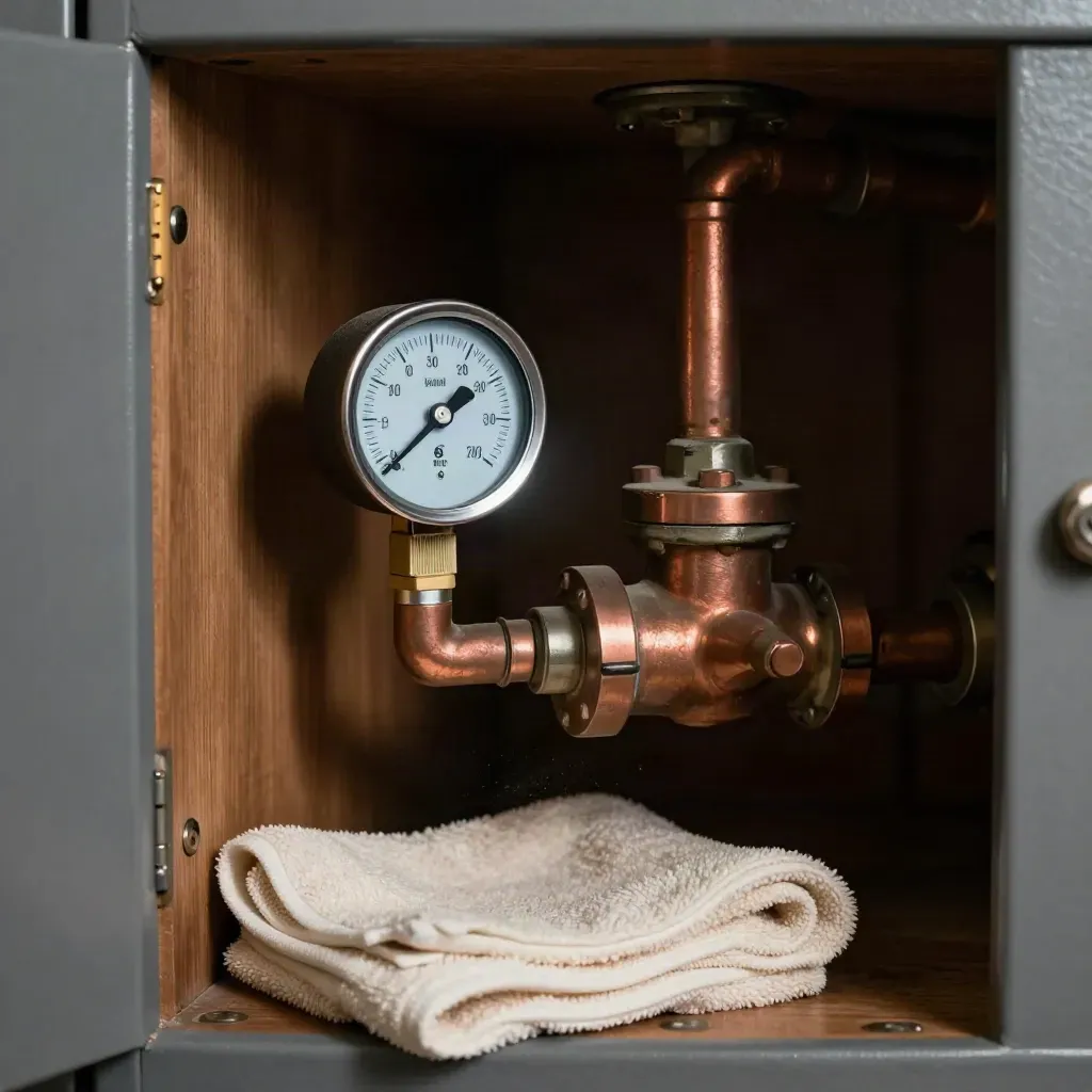 Macro of a boiler cupboard with copper pipes, pressure gauge, and folded towel in torch light.