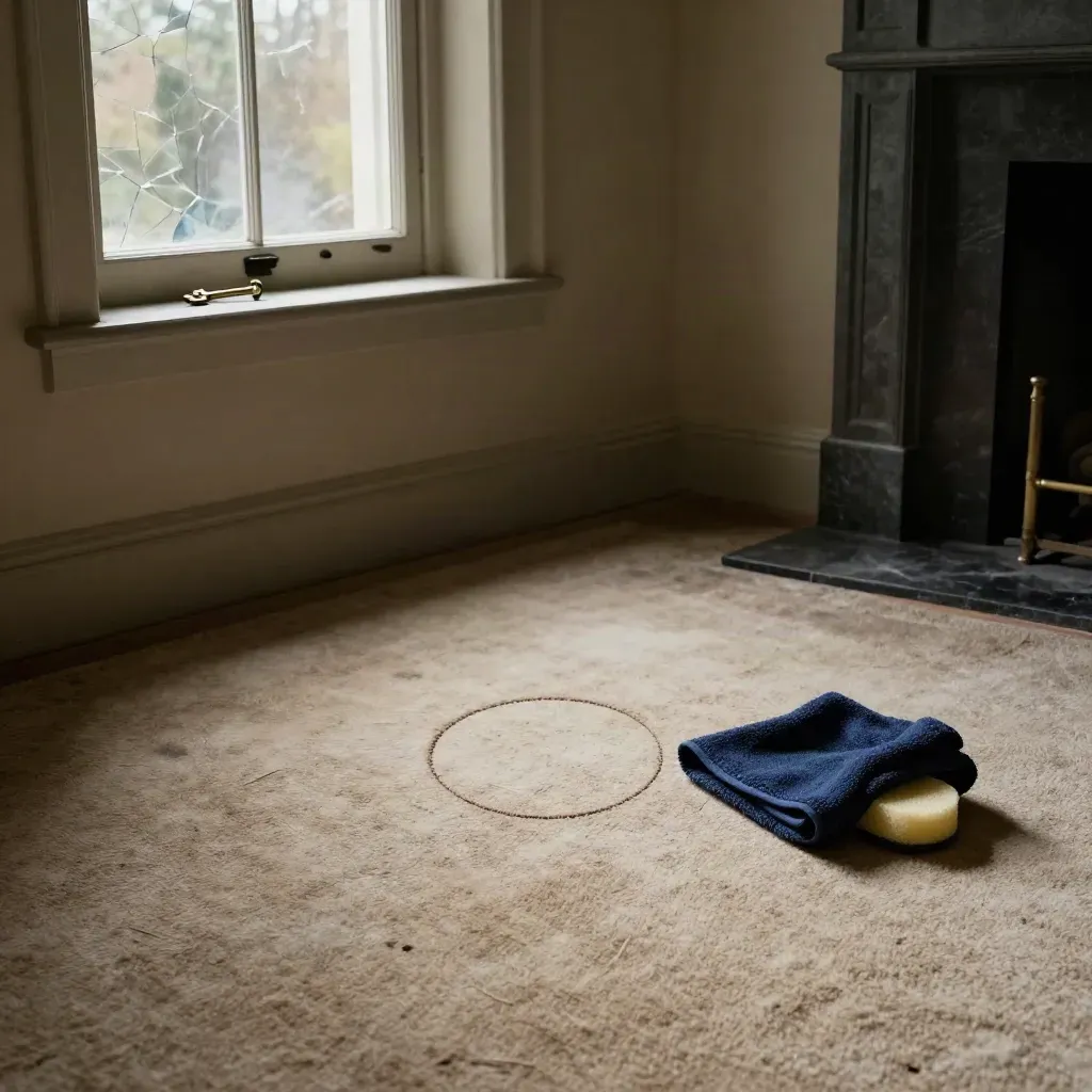 Vacated living room carpet with a ring mark, key on the sill, cloth and sponge by the skirting