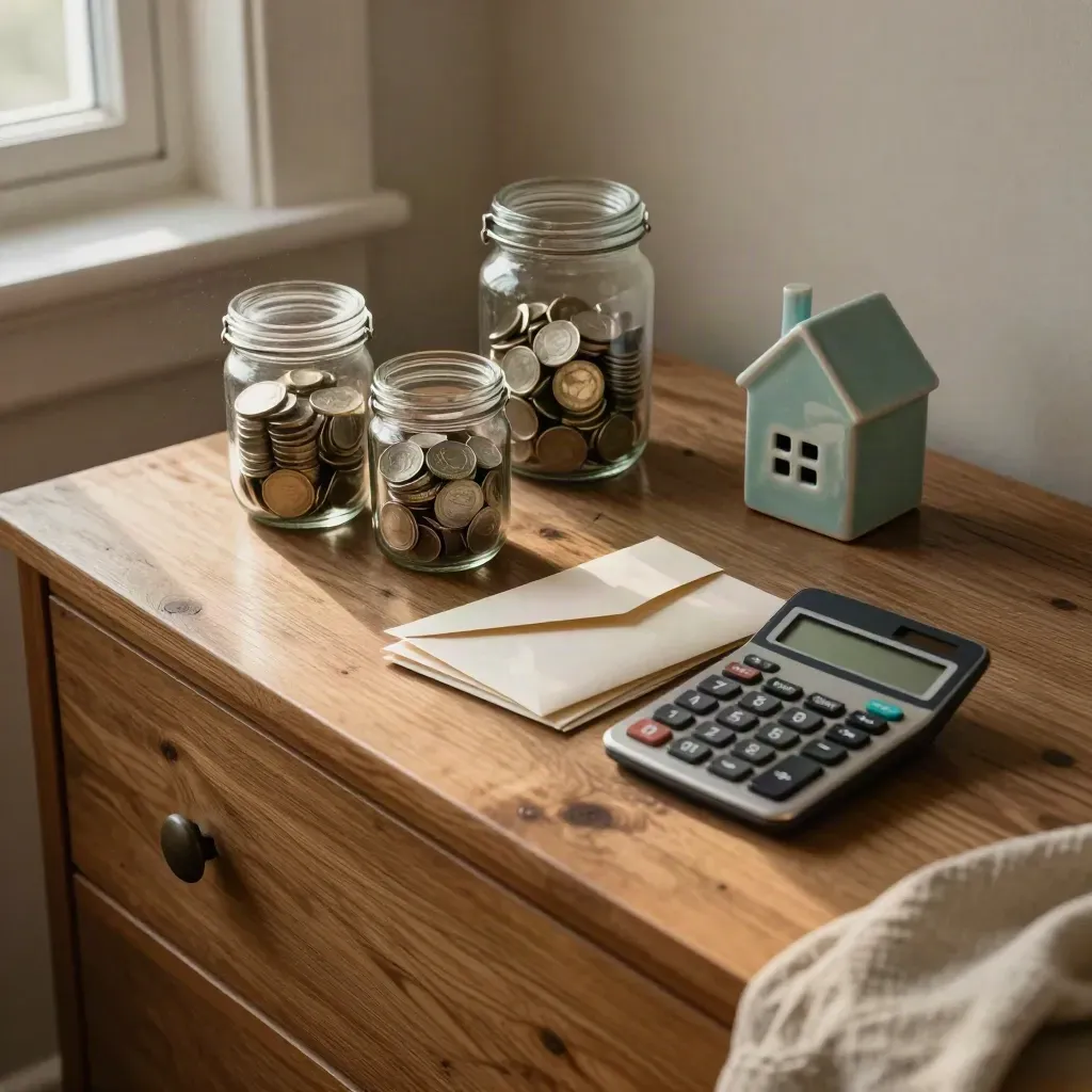 Bedroom dresser still life with coin jars, calculator, envelopes and a house ceramic piece in dawn light.