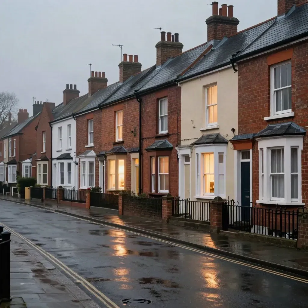 Quiet UK street at dusk with lit windows and wet pavement