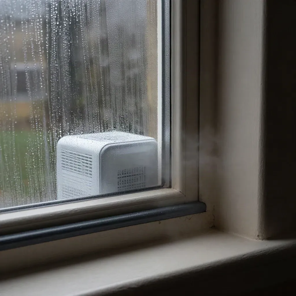 Cold window corner with condensation, mould line, and a dehumidifier on the sill