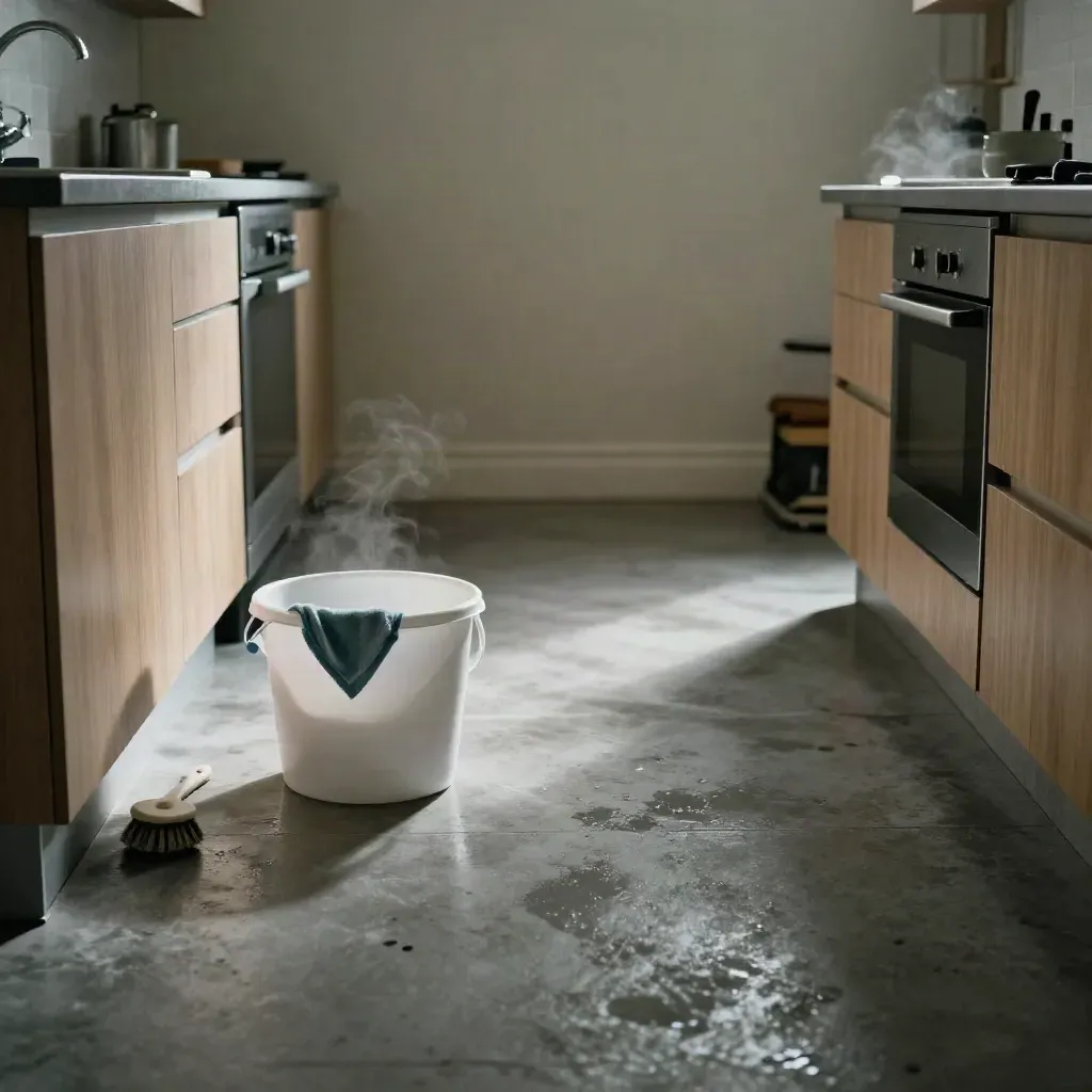Empty kitchen with cleaning bucket, cloths, brush, and steam by a bright sink edge