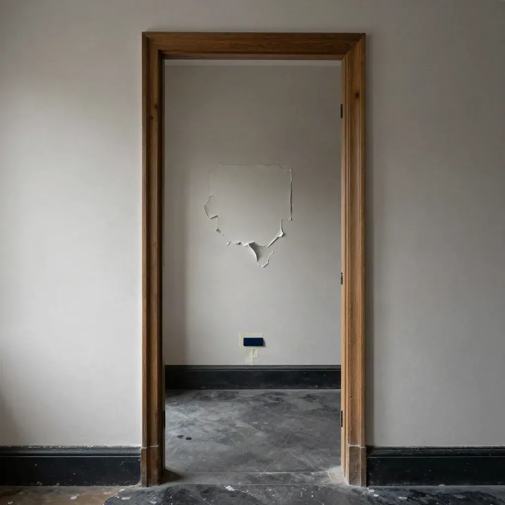 Damaged hallway patch, peeling paint, navy doorstop and radiator in a moody UK rental corridor