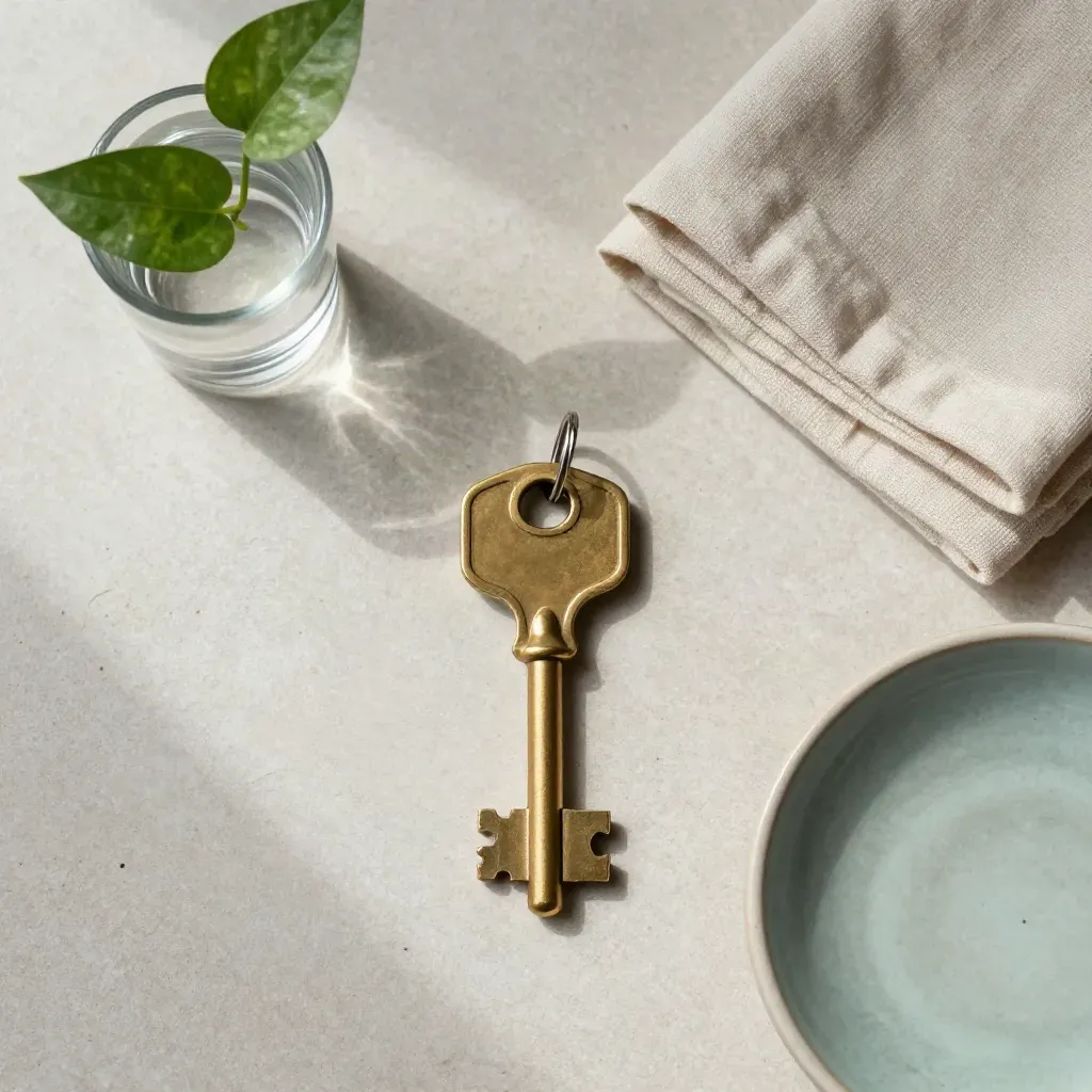 Brass house key, pothos cutting, linen and ceramic dish on pale stone overhead