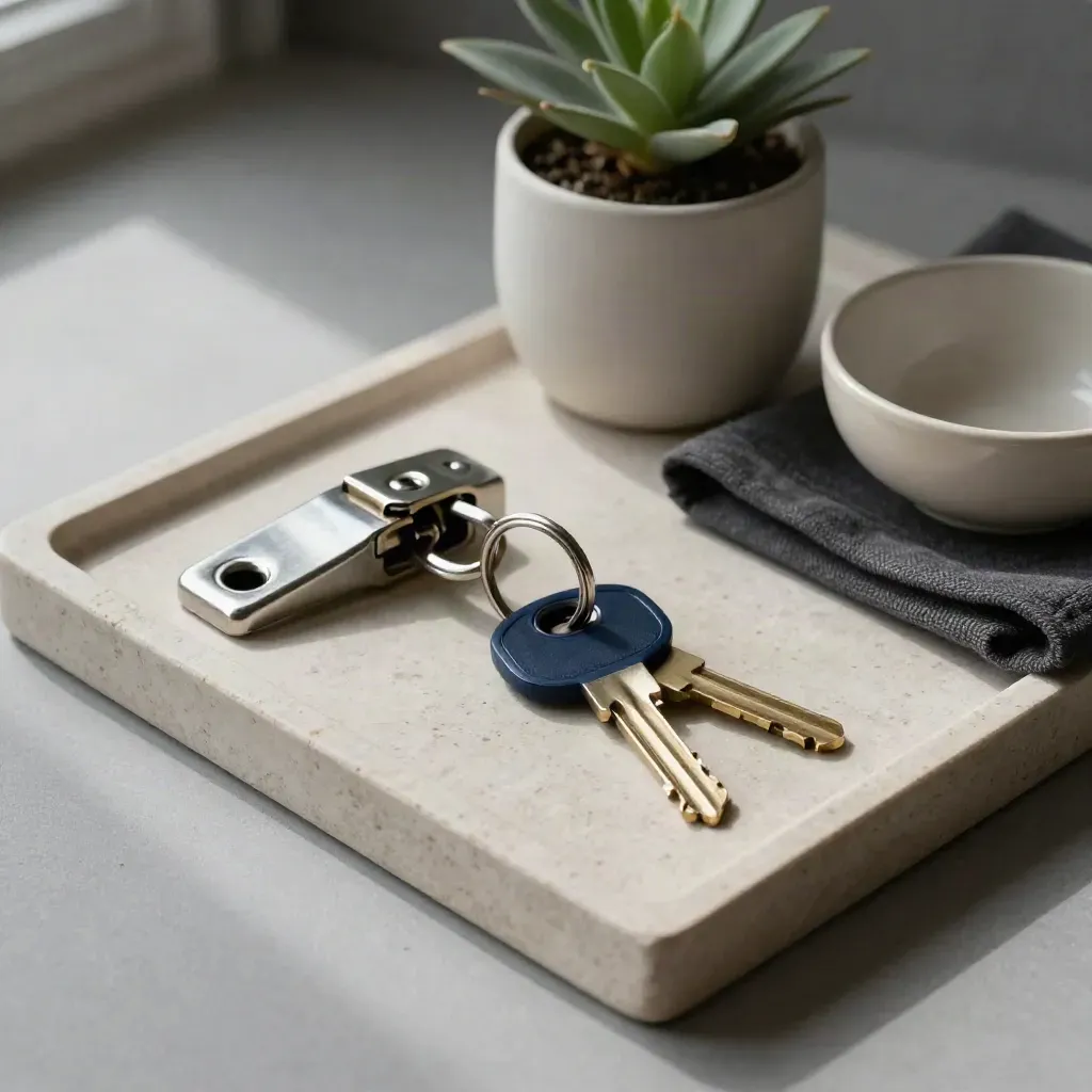 Rental keys and a door chain latch on a stone tray with cloth, plant, and cream bowl