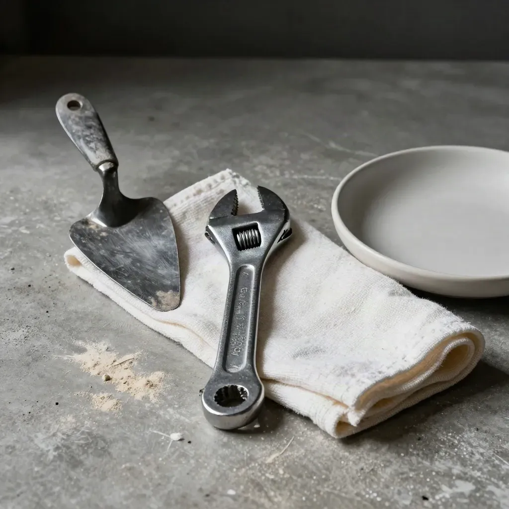 Paint scraper, wrench, cloth and dish on a dusted concrete work surface