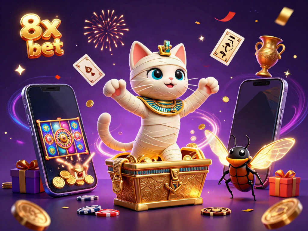 Exciting scene depicting the 8x bet brand with a vibrant Egyptian theme featuring a mummy cat and casino elements.