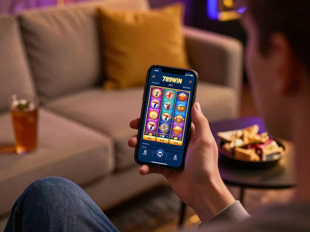 Engaging in mobile casino gaming with 789WIN app in a cozy setting for responsible gambling
