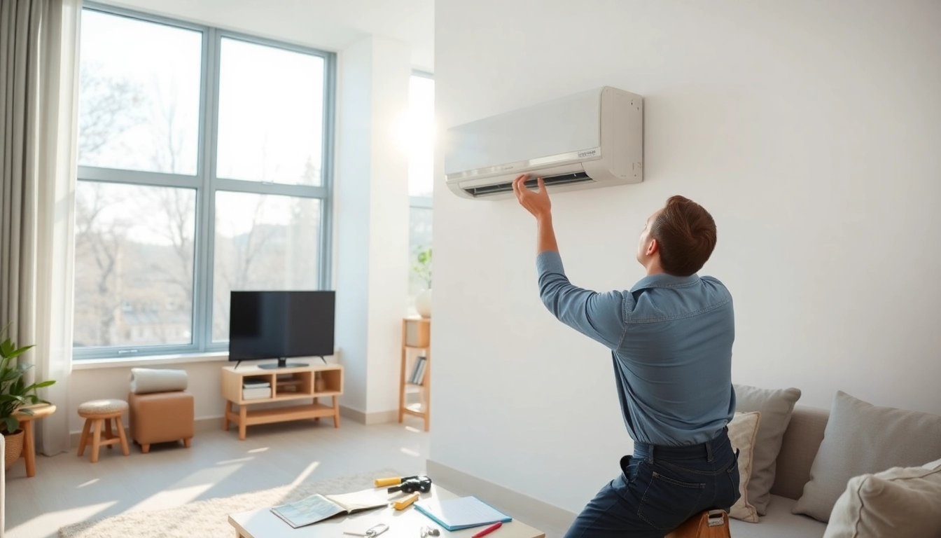 Technician installing a mini split ac in a bright, modern living room.