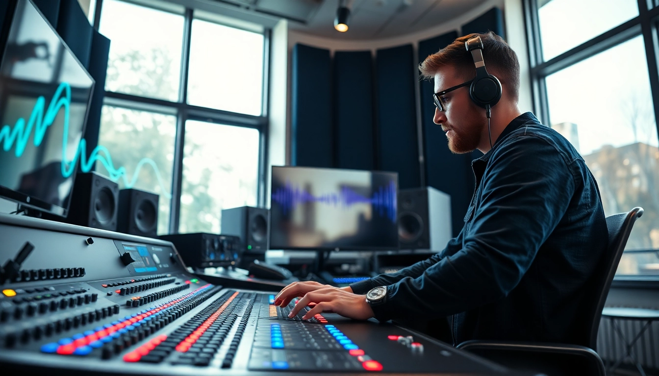 Expert utilizing online mastering services in a modern studio filled with audio equipment.