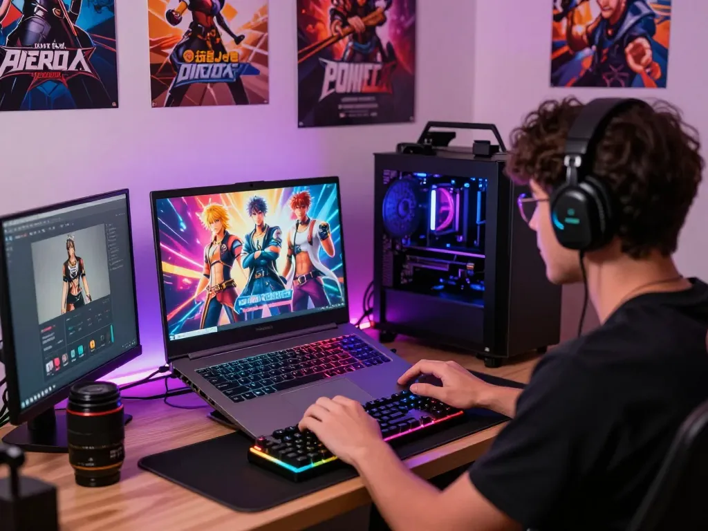 Engaged gamer absorbed in a colorful porn game on a laptop in a vibrant digital studio.