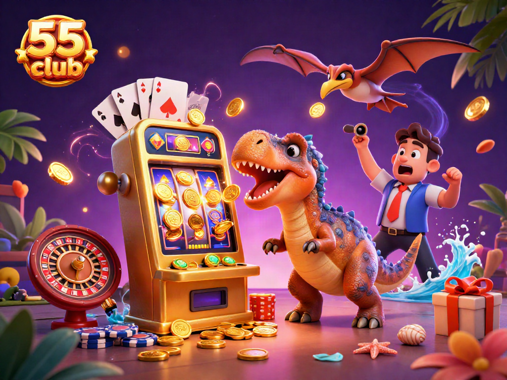 Experience thrilling action at 55 club as a pachycephalosaurus activates a slot machine, surrounded by coins and casino elements.