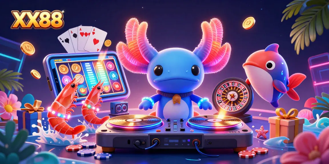 Engage with the vibrant XX88 casino scene featuring a neon axolotl DJ and dynamic slot game elements.