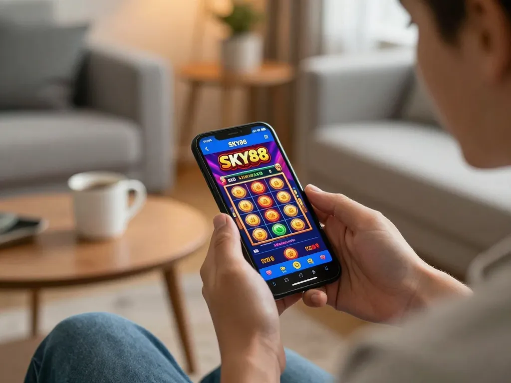 Engaging gameplay experience on the SKY88 casino app, highlighting a vibrant slot machine game on a smartphone.