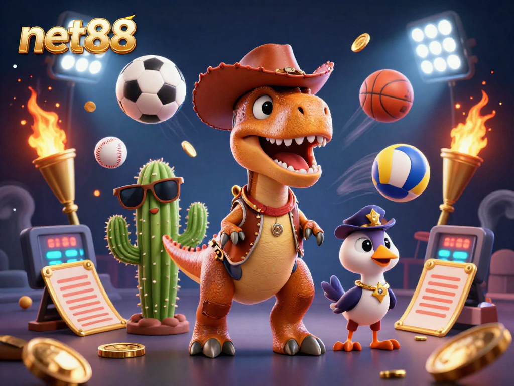 Betting with net88 - exciting 3D casino scene featuring a cowboy dinosaur and sports elements.