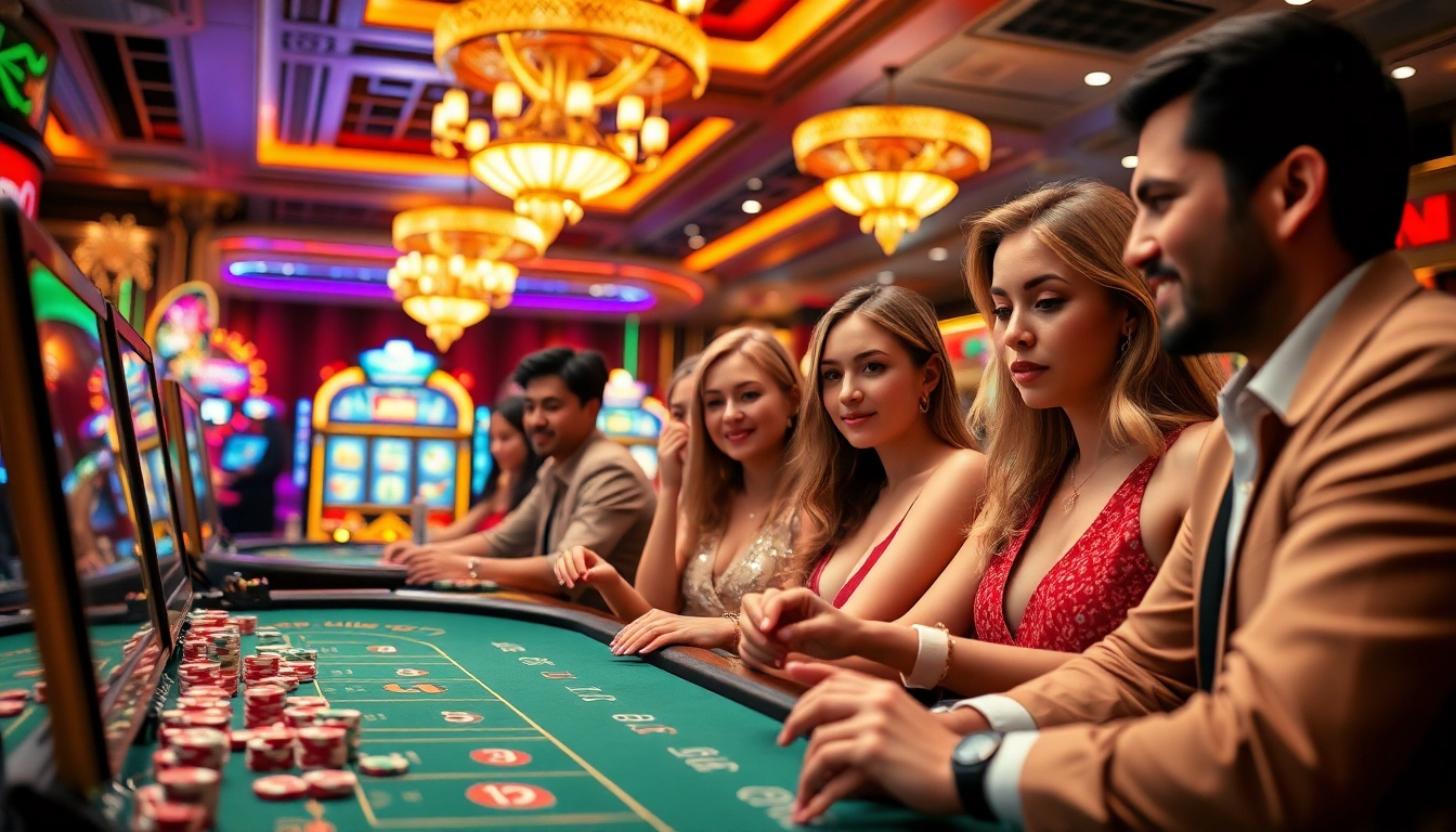 Kuwin789 gamers enjoying a vibrant online casino experience with poker chips and slot machines.