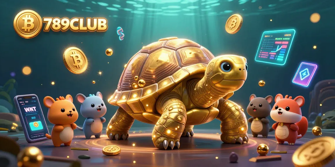 Engage in thrilling games at 789CLUB with an exciting 3D casino illustration showcasing a tortoise pinball machine and crypto elements.