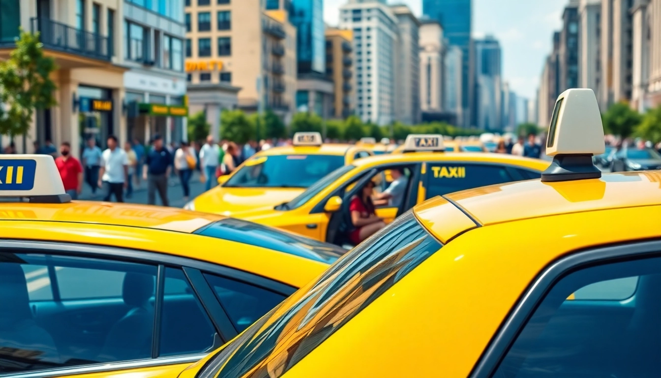 Cabs in a busy cityscape, showcasing vibrant urban life and dynamic energy.