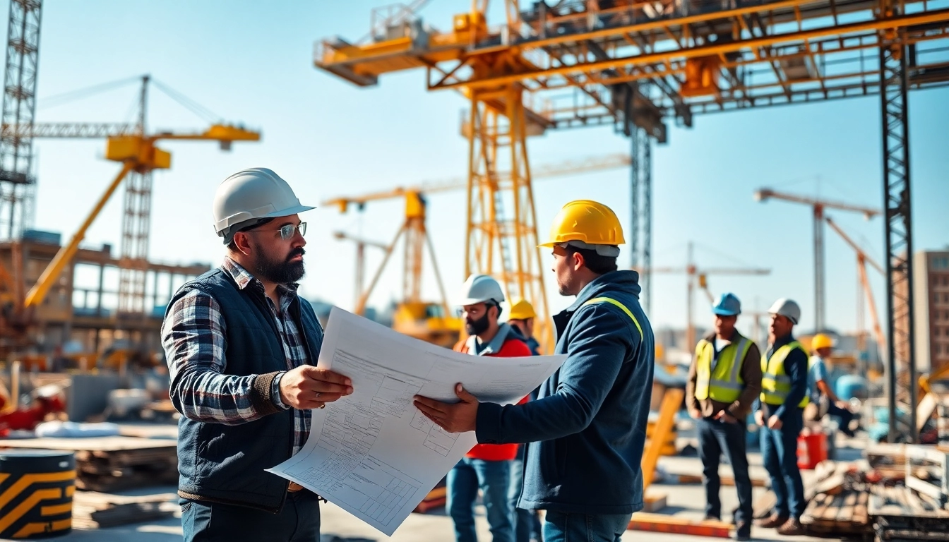 New Jersey Construction Manager leading a team at a construction site with clear blueprints and vibrant machinery.