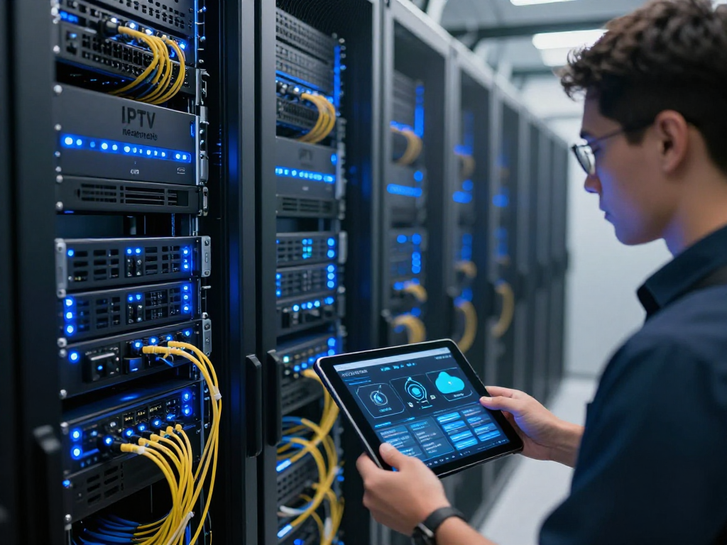 IPTV reseller panel infrastructure in a data centre, featuring advanced cloud computing technology and robust digital platforms.