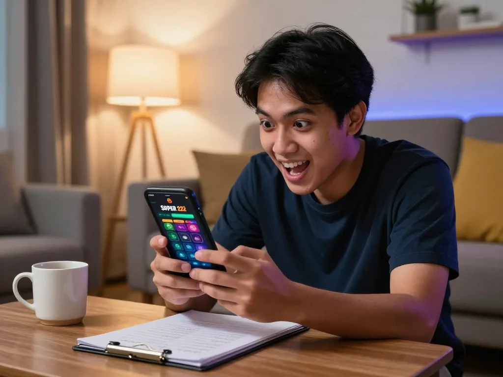 Malaysian player enjoying mobile gaming on Super 222 app in cozy home setting.
