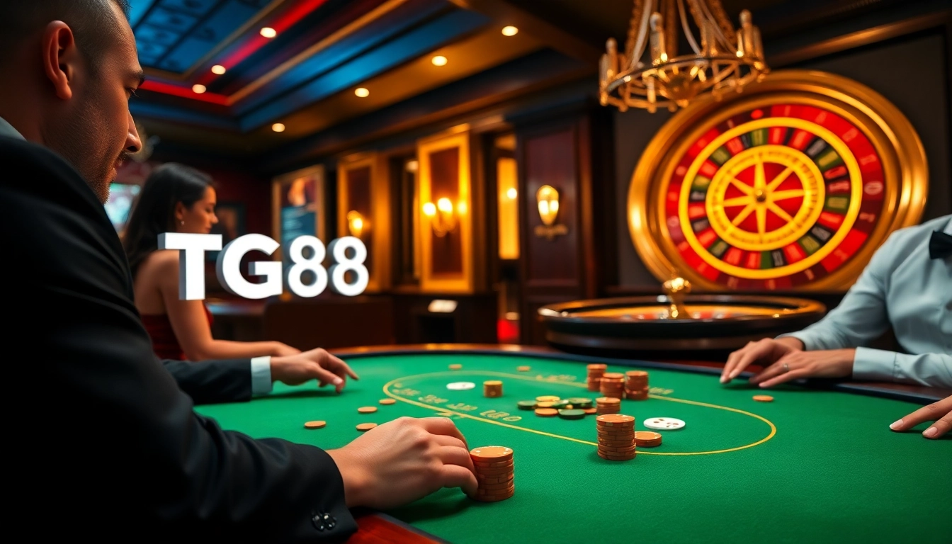 Experience the excitement of TG88 gambling at a professional poker table filled with vibrant chips and cards.