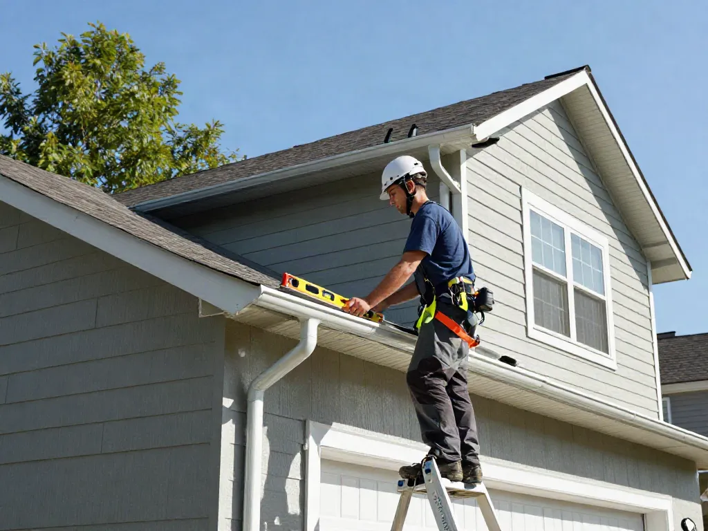 Installation of Spokane gutter system on a residential home by a professional.