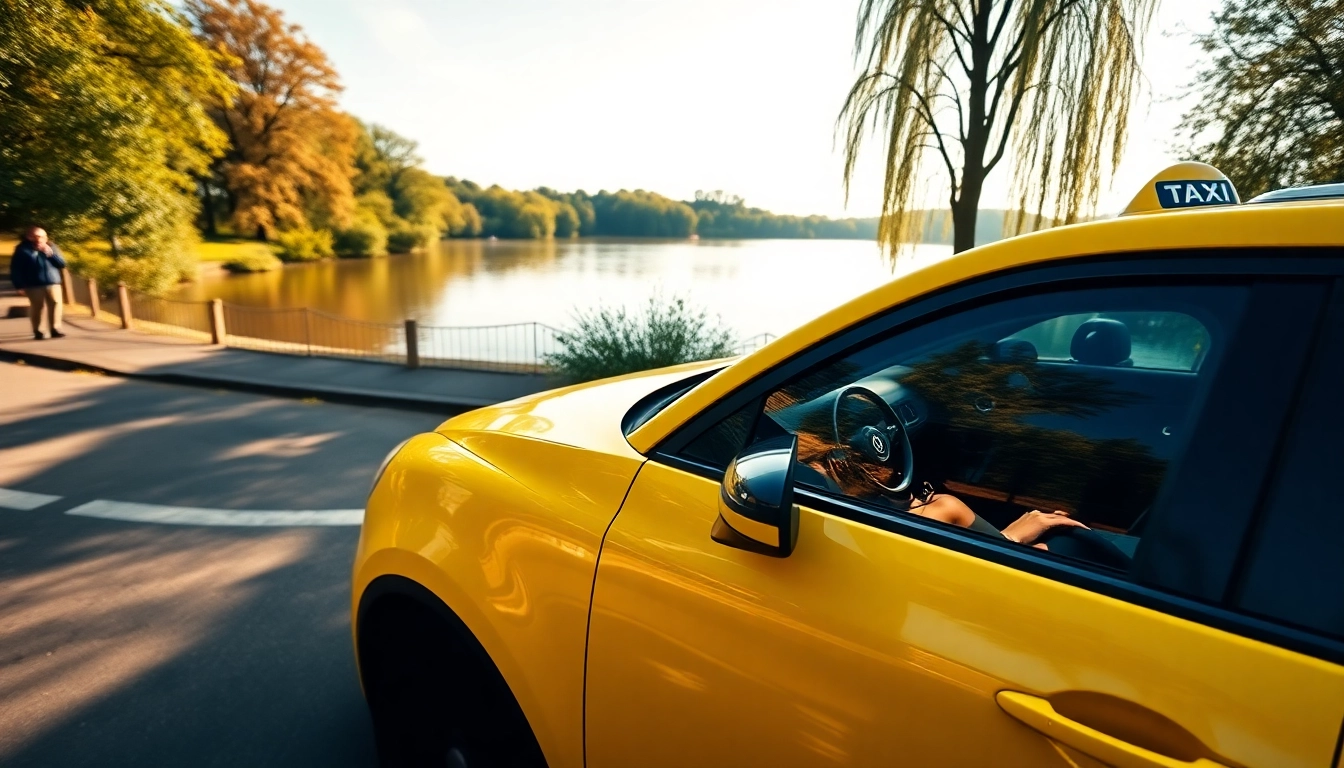 Experience Thames Ditton's vibrant taxi scene with a bright yellow cab by the riverside.