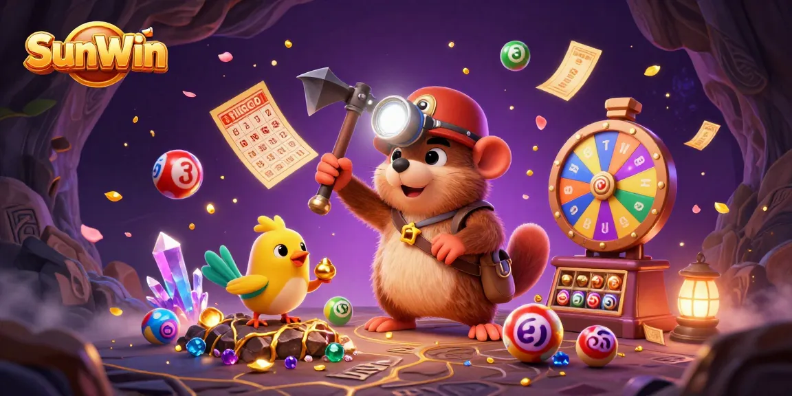 SunWin players enjoy vibrant lottery games with a treasure hunter motley mining golden treasures and colorful elements raining down.