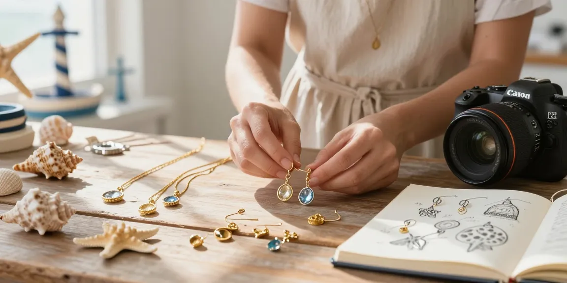 Handcrafted jewellery by a UK jewellery designer displayed with seashells and natural light.
