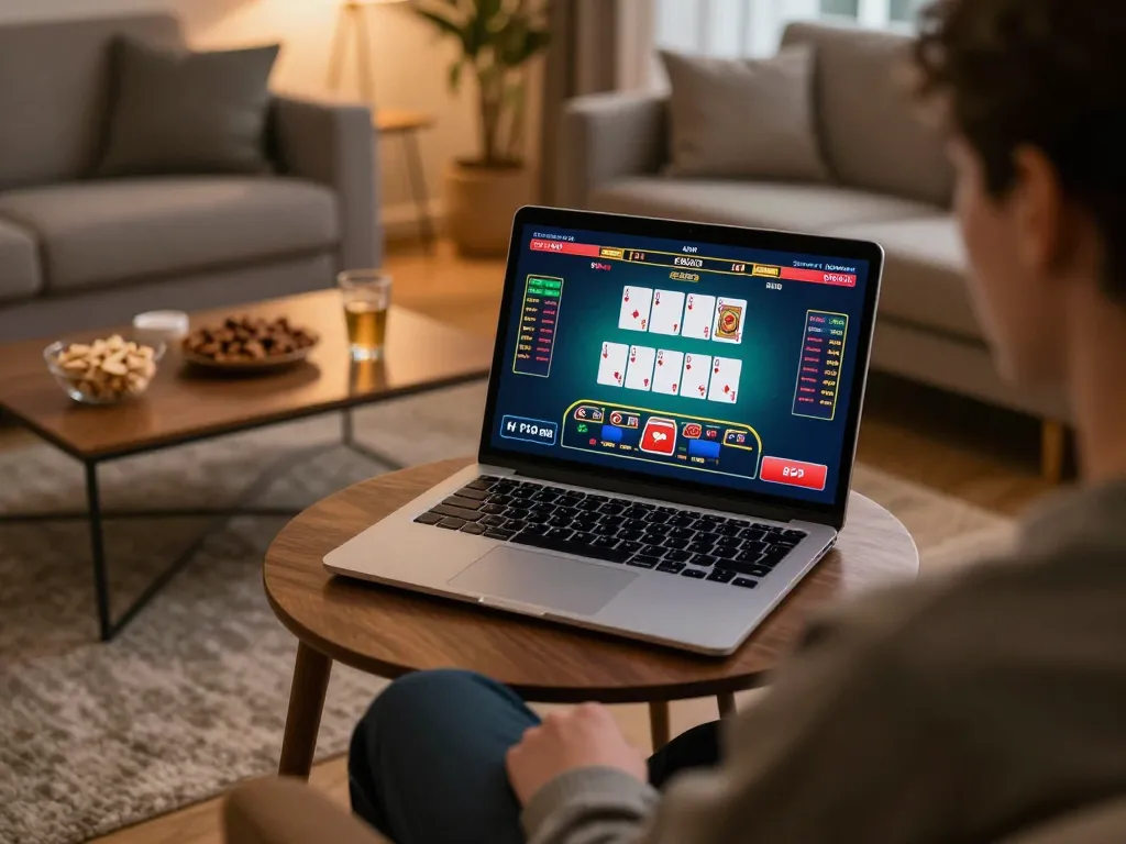 Engaging in online blackjack at home illustrating Da88 gaming strategies in a cozy environment.