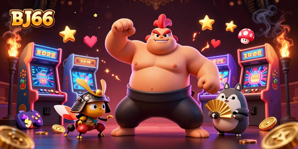 Engage in thrilling games at BJ66, featuring a dynamic sumo rooster and samurai cricket amidst a vibrant casino environment.