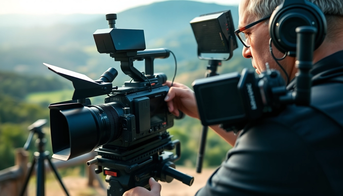 Engaging moment of a videographer skillfully performing video capture in nature.