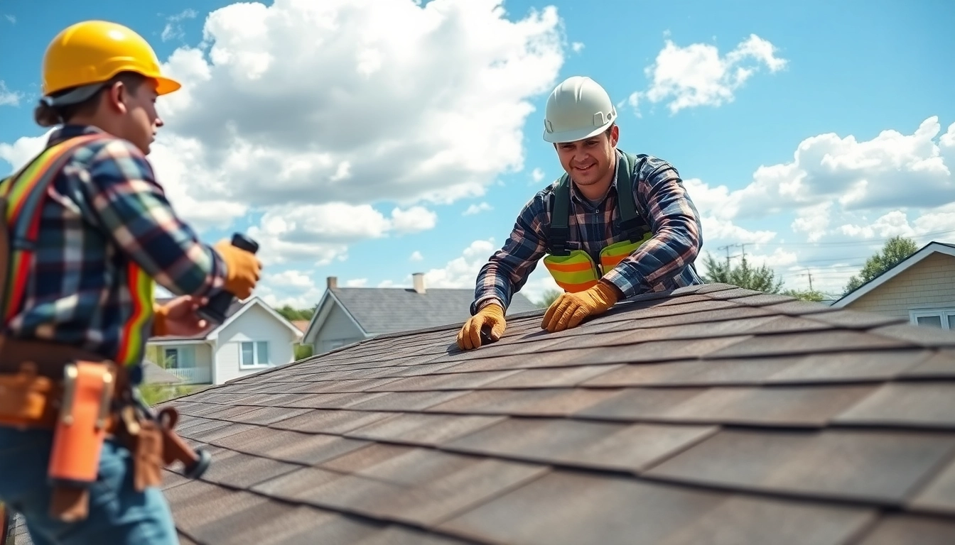 Roofing company contractor installing shingles on a residential roof