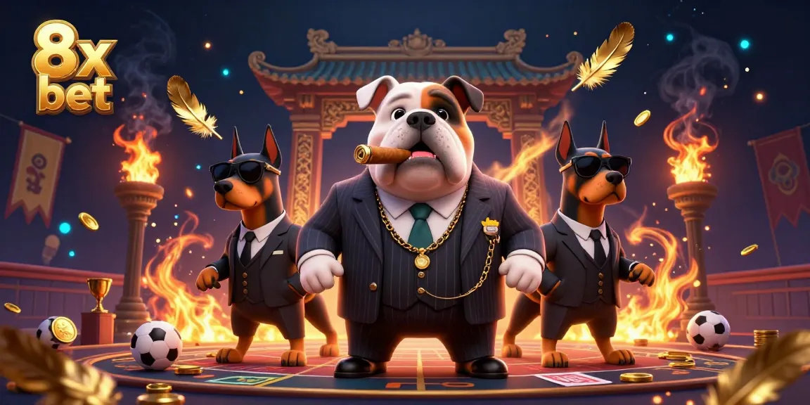 Engage with the 8x bet experience featuring a mafia bulldog and bodyguards in a dynamic betting arena.